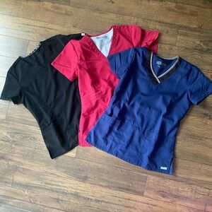 Set of Black, Red, and Blue Scrub Tops